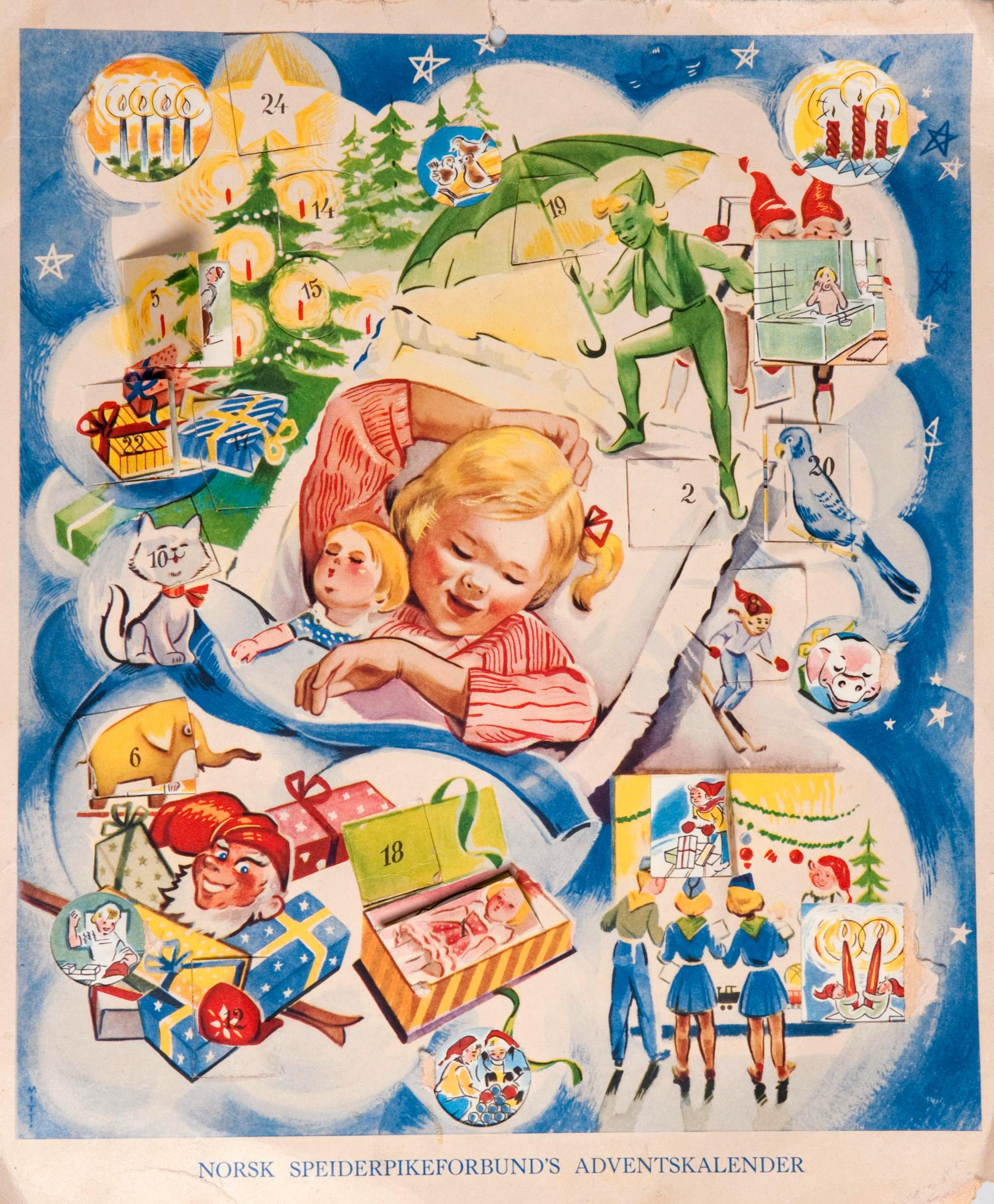 Man trodde lenge at det var Speiderpikenes julekalender fra 1947 som var den første. Denne varianten skal være fra 50-tallet en gang.