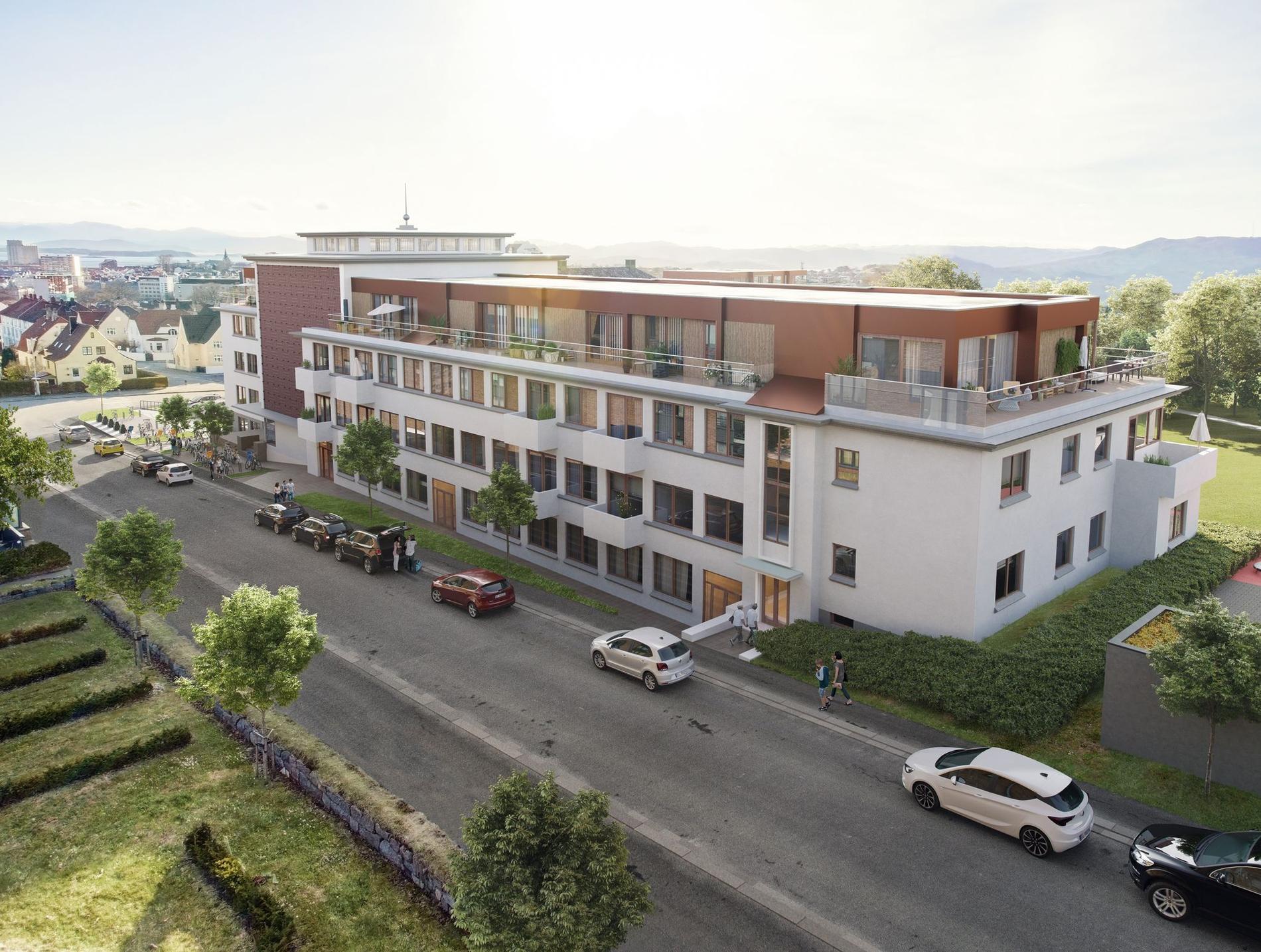 Kanelsnurren skal inn i lokalet på bakkeplan helt til venstre i bildet. Byggingen er en del av boligprosjektet Ledaal Park, som skal huse Stavangers mest eksklusive leiligheter. 