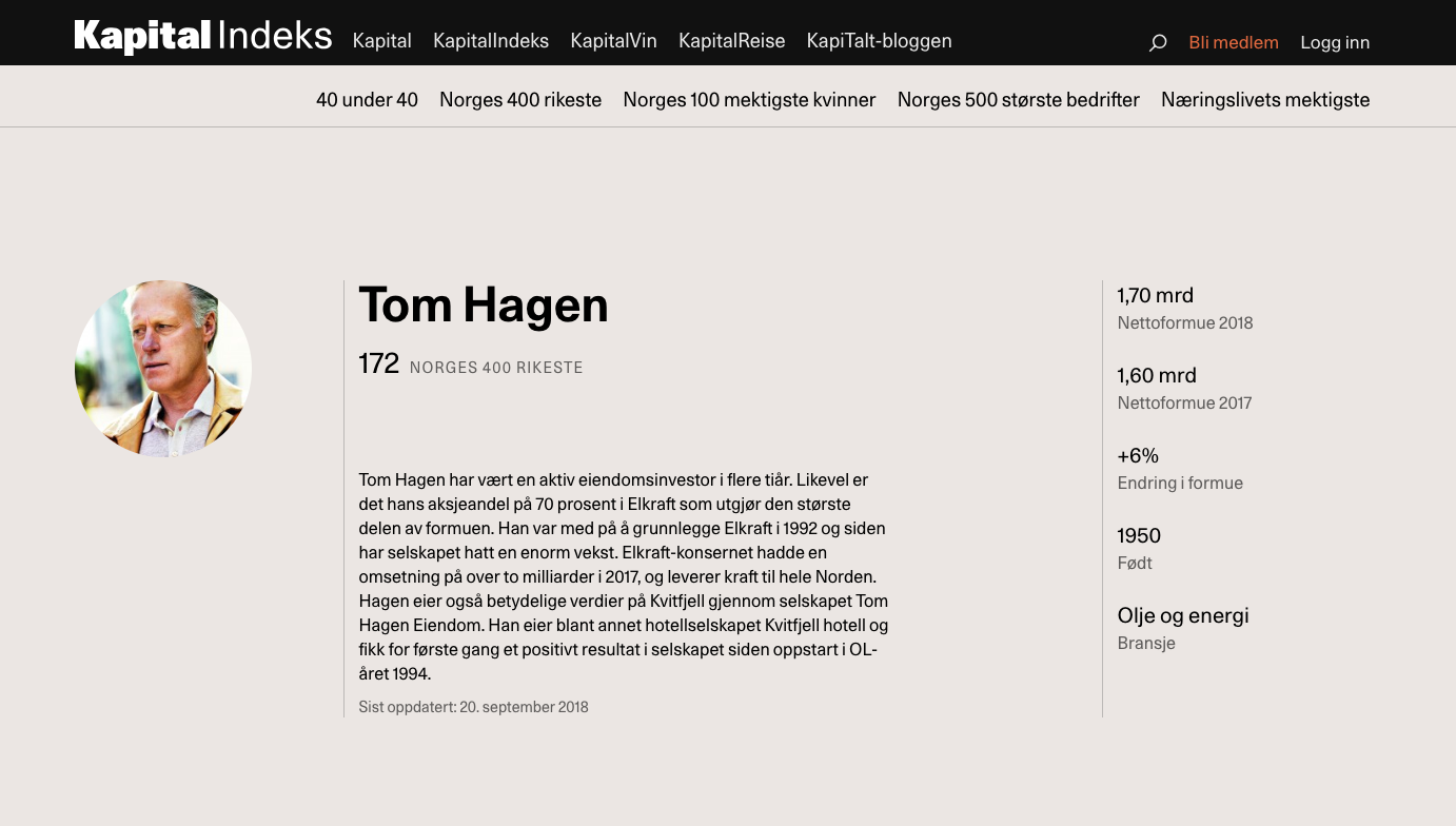 Tom Hagen ligger på Kapitals liste over Norges rikeste personer.