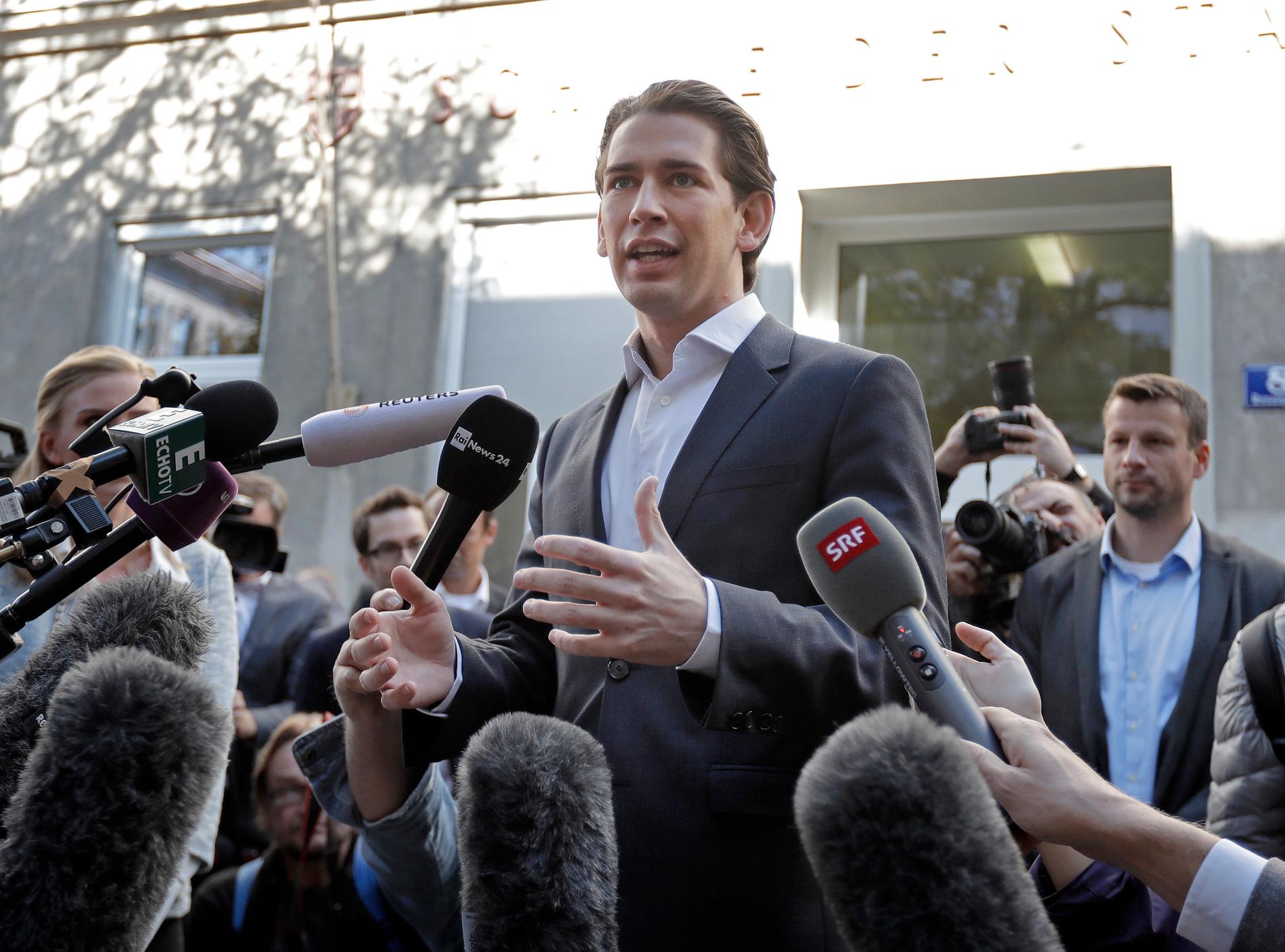 STORFAVORITT: Statsministerfavoritt Sebastian Kurz (31) og hans parti ÖVP får 30 prosent av stemmene, viser de første prognosene etter valget i Østerrike søndag. 