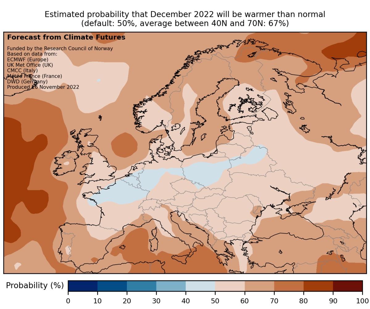 Sannsynligheten for at desember 2022 blir varmere enn normalt (der normalen er gjennomsnittet i referanseperioden 1993–2016).