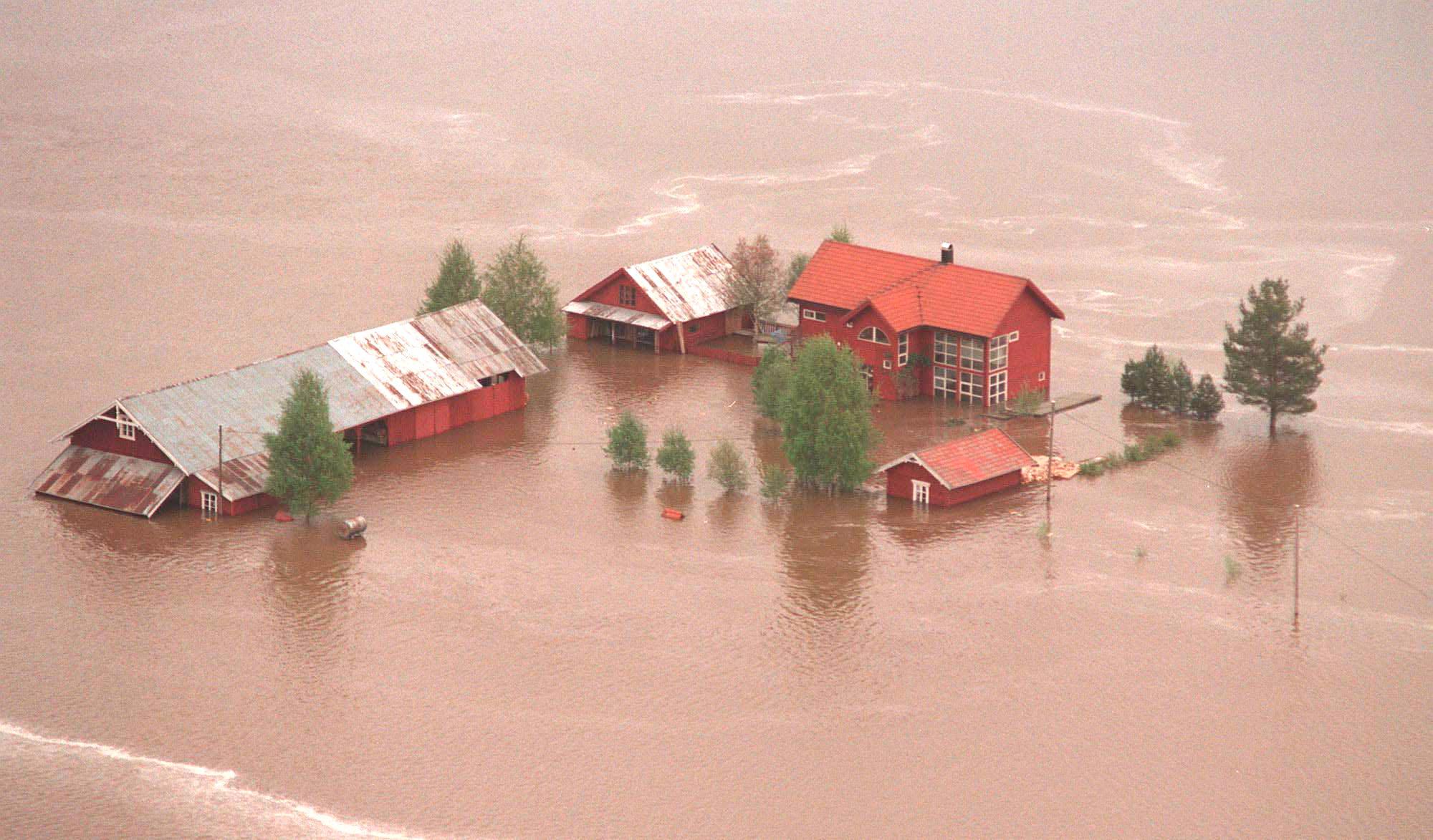 Bildet viser en hardt rammet gård på Bjølst i Heradsbygd, sør for Elverum under flommen i 1995.