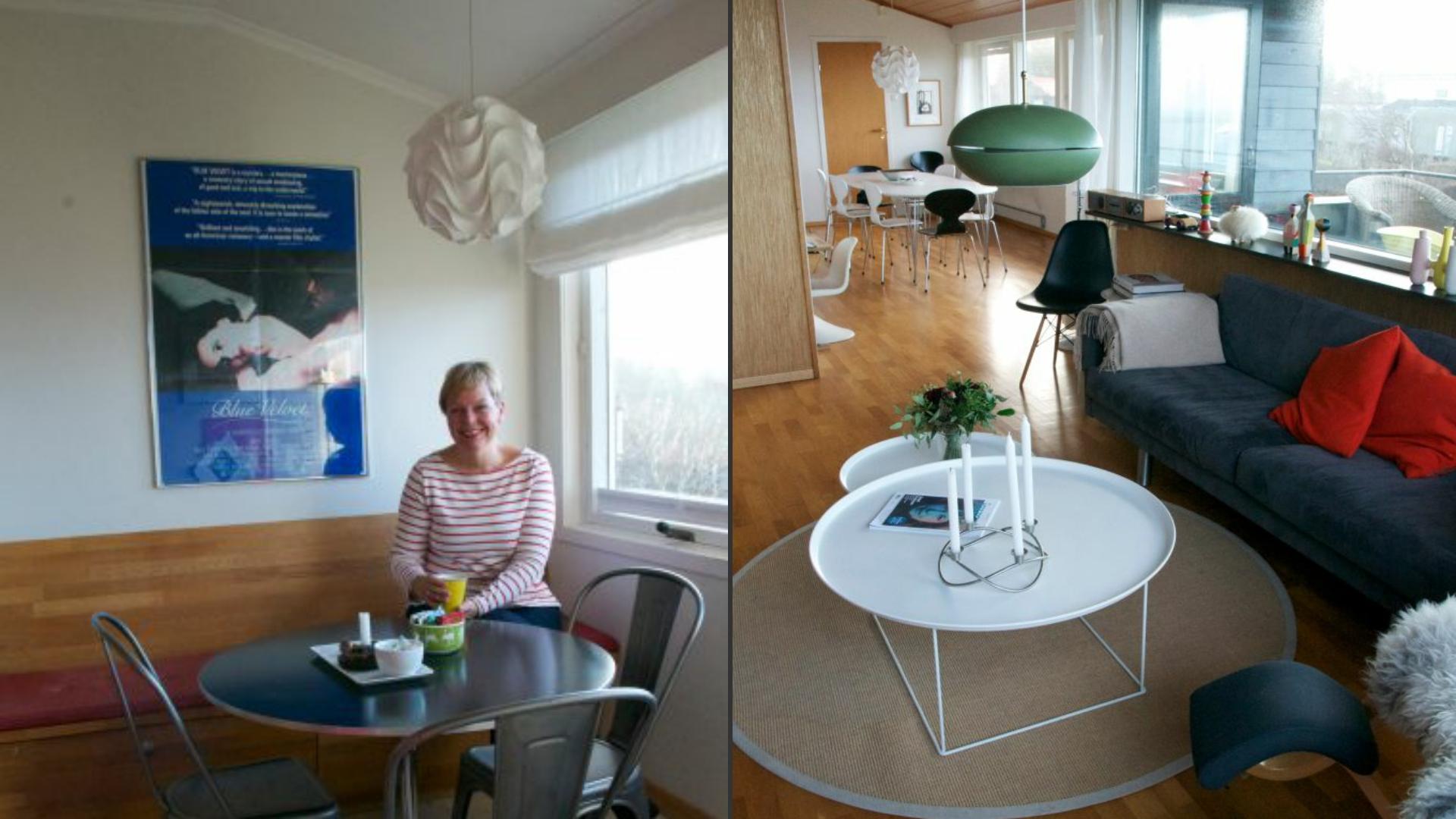 SKANDINAVISK: Familien har innredet hele huset med skandinaviske designmøbler. Hege Haukeland Liadal på favorittplassen sin i huset, kjøkkenkroken med fastbygd sittebenk, et lite bord og kinoplakater på veggen.
