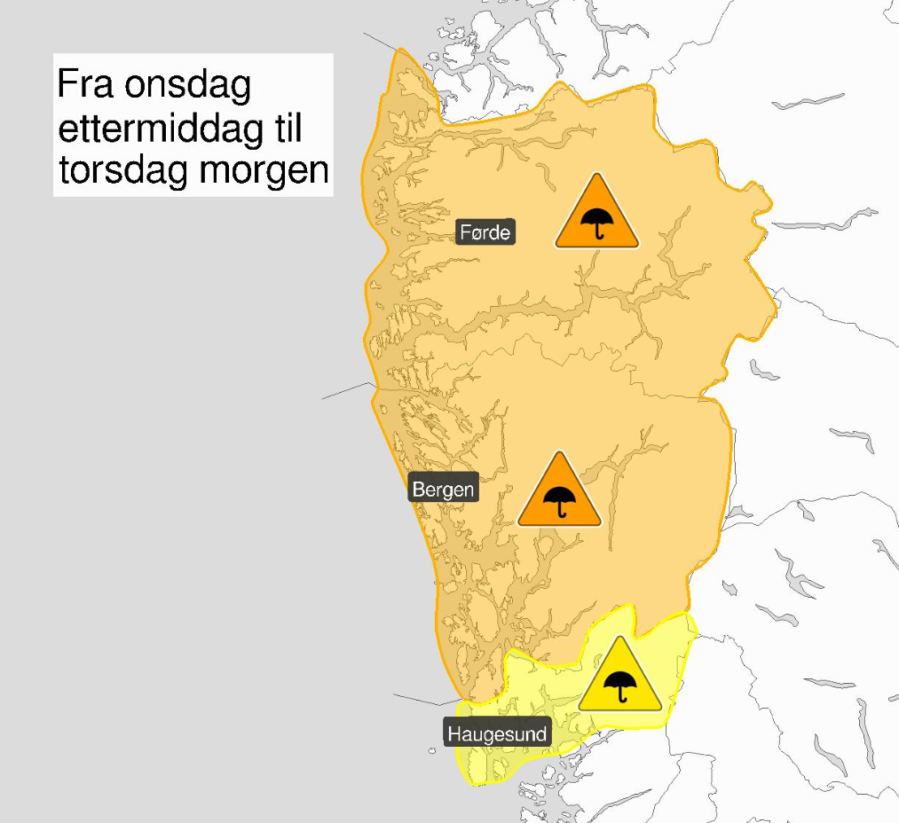 KRAFTIGE BYGER: Lokalt kan det komme mellom 30 og 55 millimeter nedbør på tre timer flere steder på Vestlandet. 